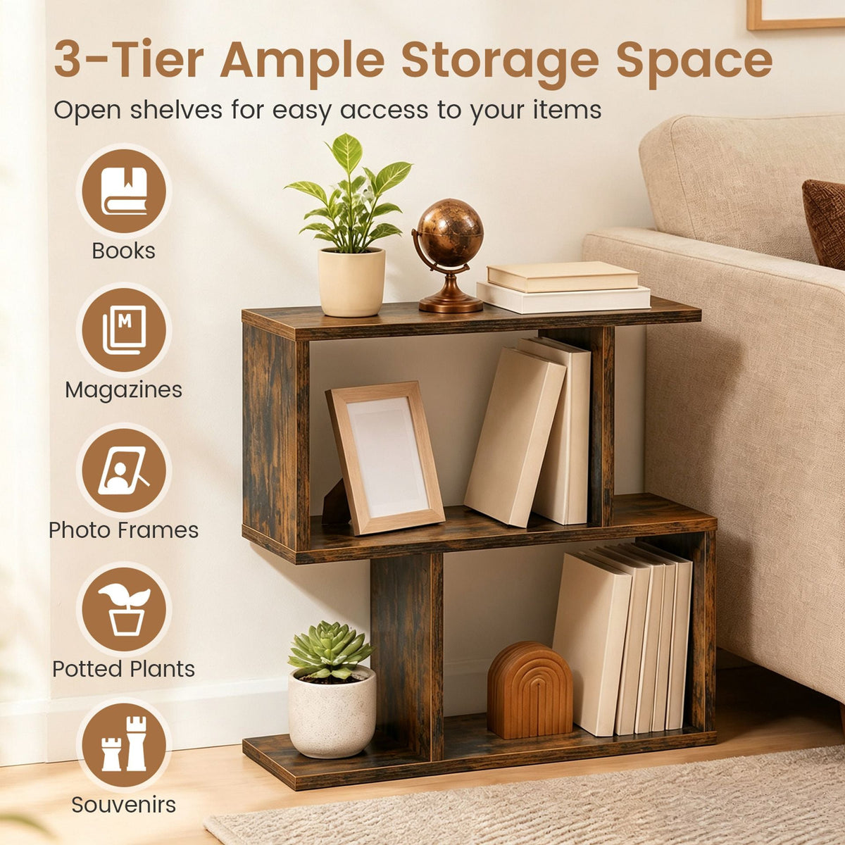 Set of 2 Decorative Storage Shelf Featuring Open Layout and Non-Slip Foot Pads-Rustic Brown