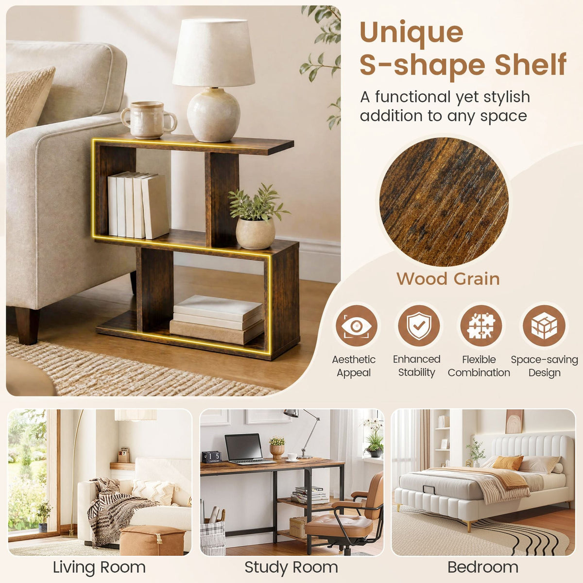 Set of 2 Decorative Storage Shelf Featuring Open Layout and Non-Slip Foot Pads-Rustic Brown