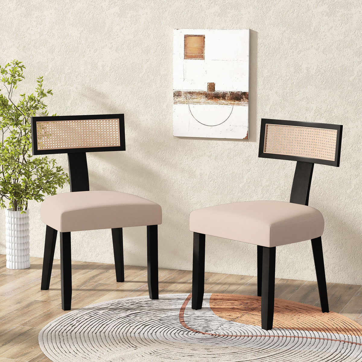 Set of 2 Dining Chairs Linen Fabric Upholstered Accent Chairs-Black