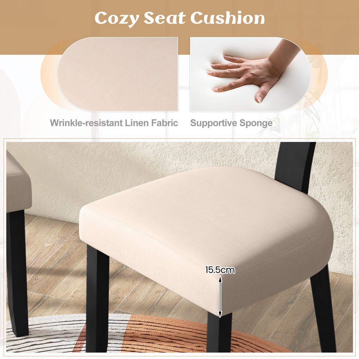 Set of 2 Dining Chairs Linen Fabric Upholstered Accent Chairs-Black