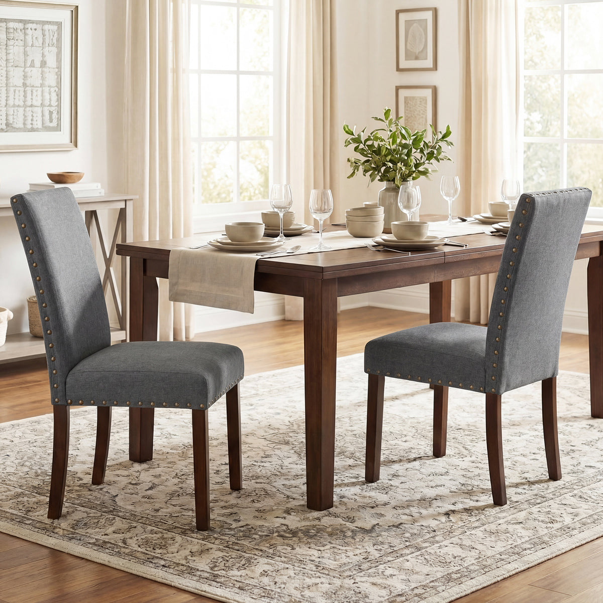Set of 2 Dining Chairs with High Back, and Solid Rubber Wood Legs-Grey