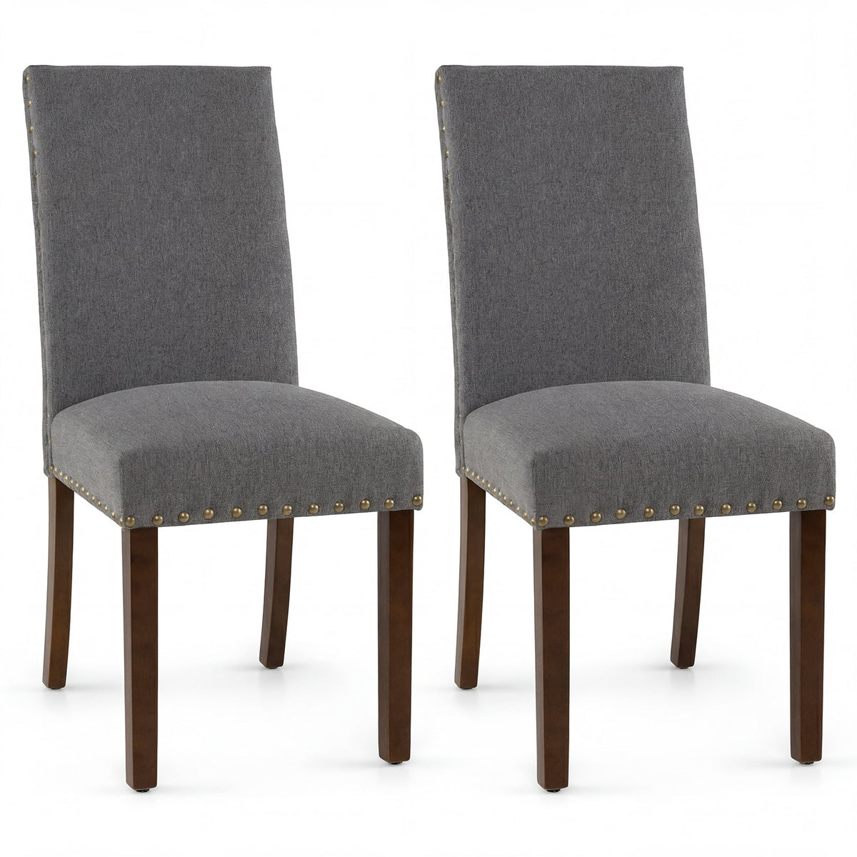 Set of 2 Dining Chairs with High Back, and Solid Rubber Wood Legs-Grey