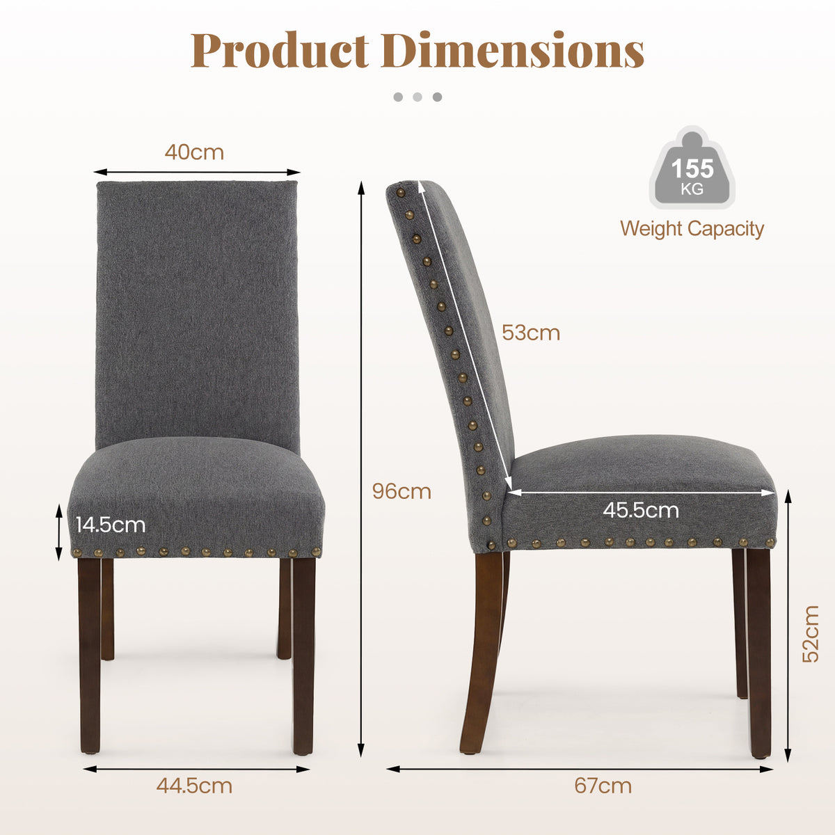 Set of 2 Dining Chairs with High Back, and Solid Rubber Wood Legs-Grey