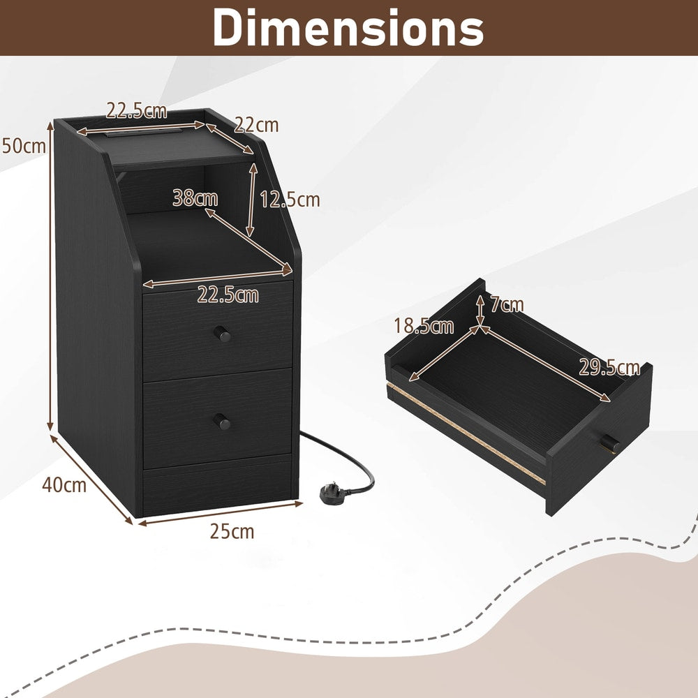 The side table showing external dimensions and the internal size of an open drawer