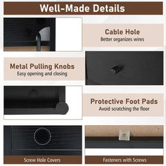 The side table showing construction details like cable holes, metal knobs and foot pads
