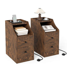 Set of 2 End Table with charging station and storage drawers in rustic brown wood effect