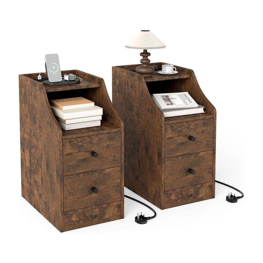 Set of 2 End Table with Charging Station and Storage Drawers for Small Space-Rustic Brown