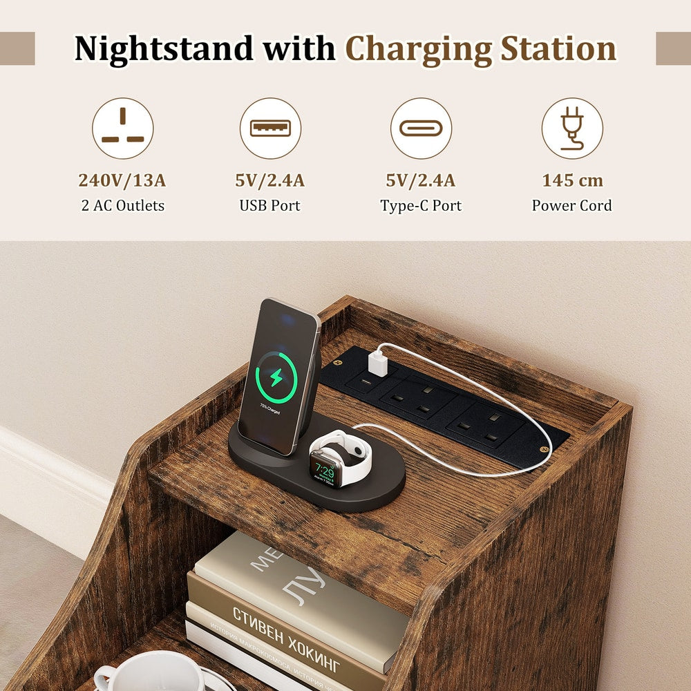 Close up of the charging station on the rustic brown end table with outlets and USB ports
