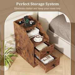 Rustic brown end table with open drawers showing storage space and a charging station