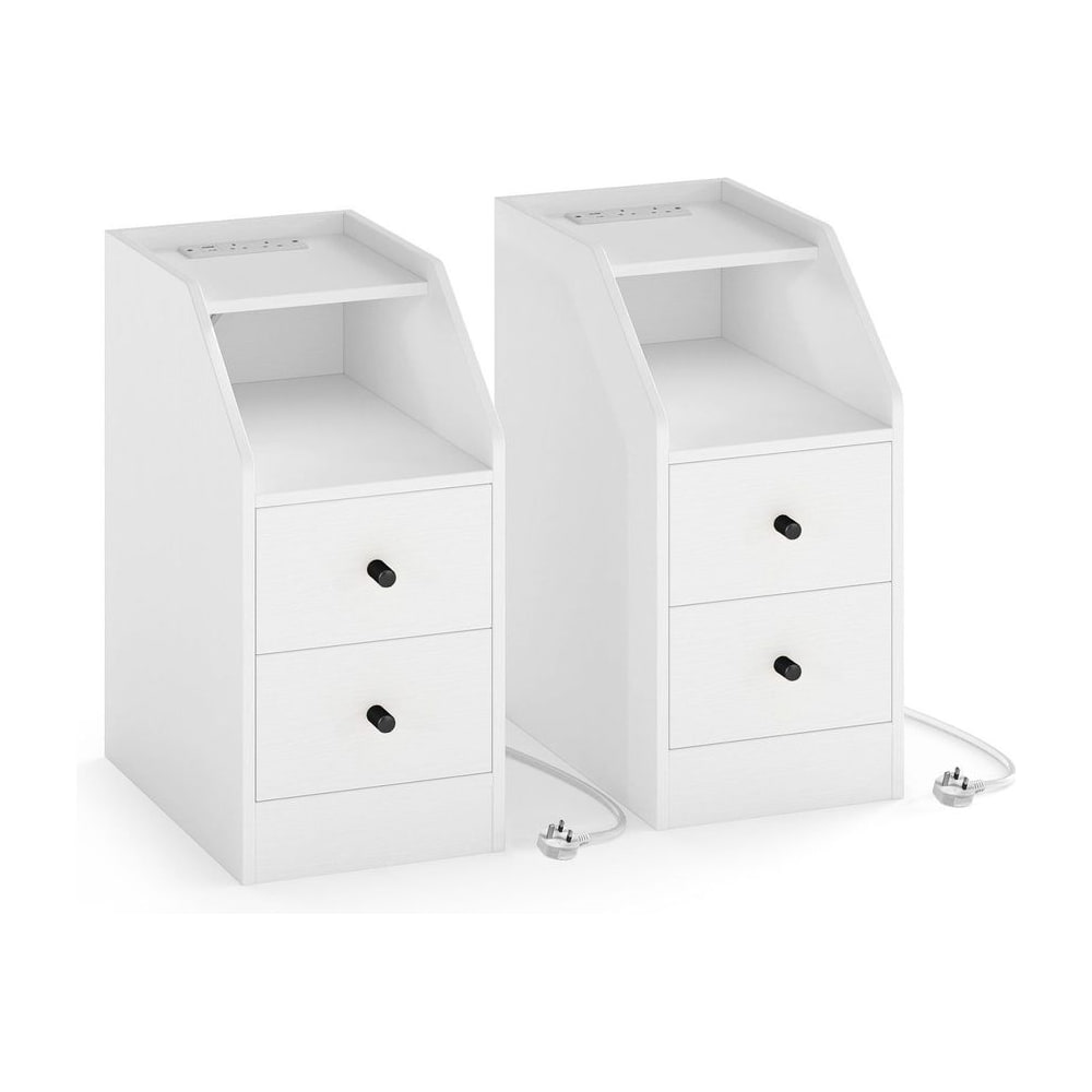 Set of 2 End Table with white finish and black drawer knobs on a plain white background