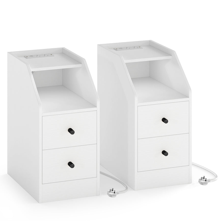 Set of 2 End Table with Charging Station and Storage Drawers for Small Space-White