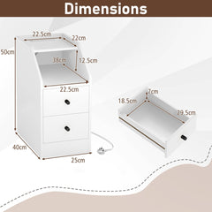 The white end table showing external dimensions and a detached drawer with measurements