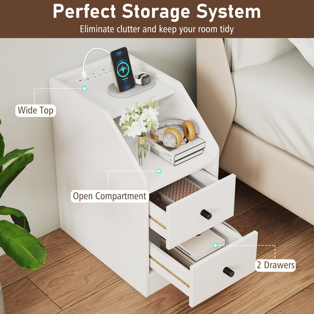The white end table with both storage drawers pulled open to show the interior space