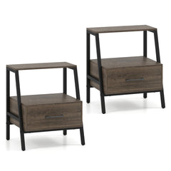 Two grey wood effect nightstands with drawers and open shelves shown from the side