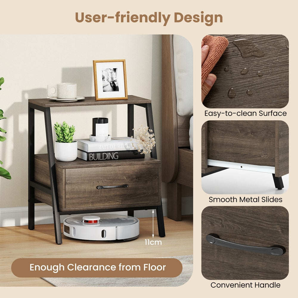 Close up of the grey wood effect nightstand showing drawer and clearance