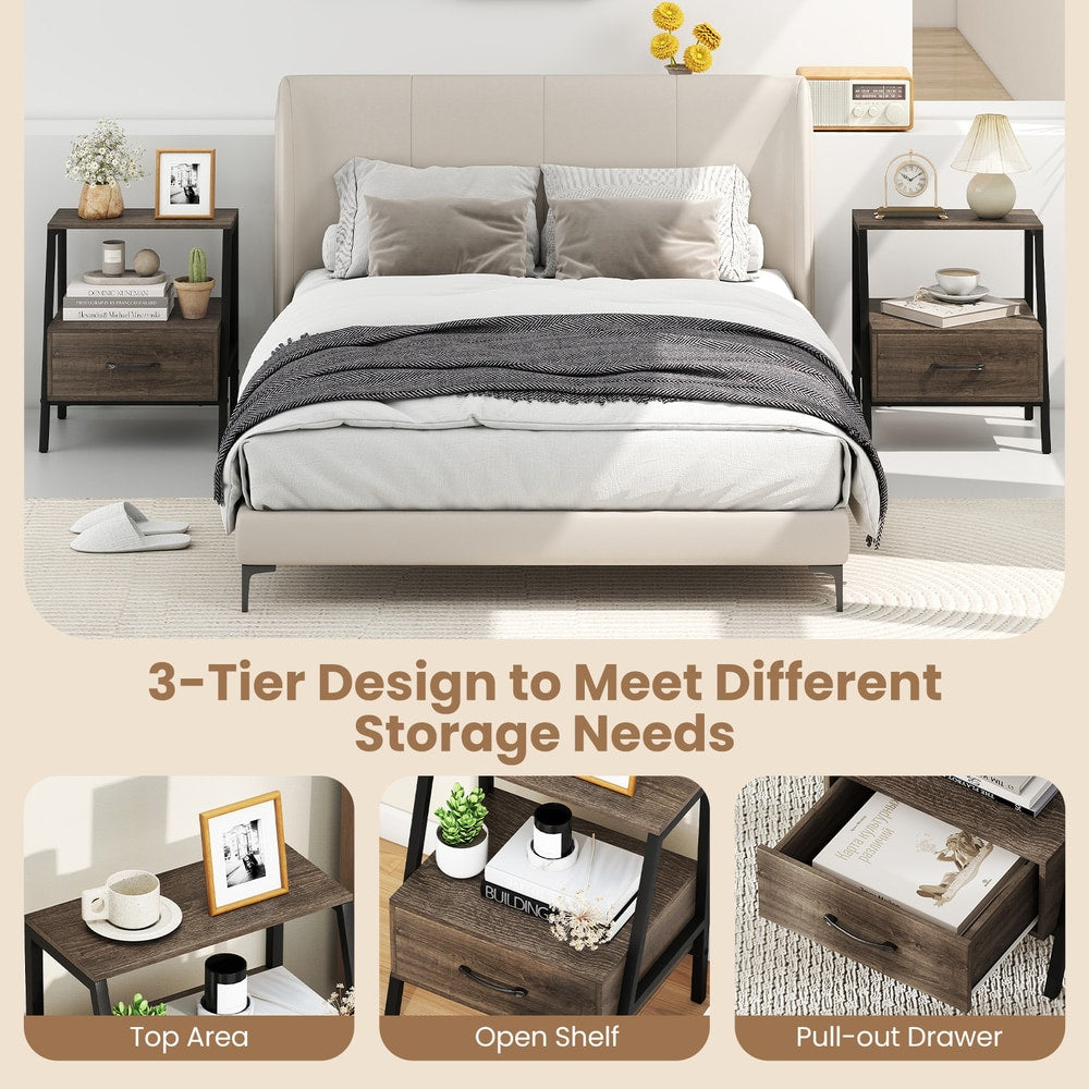 Three tier design of the grey wood effect nightstand showing top, shelf and drawer