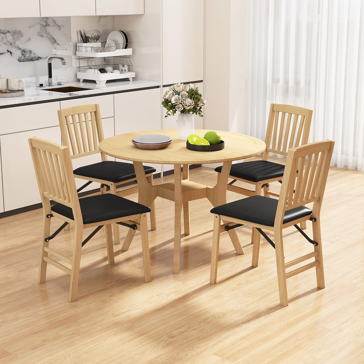 Set of 2 Folding Dining Chair with Rubber Wood Frame and Padded Seat-Black