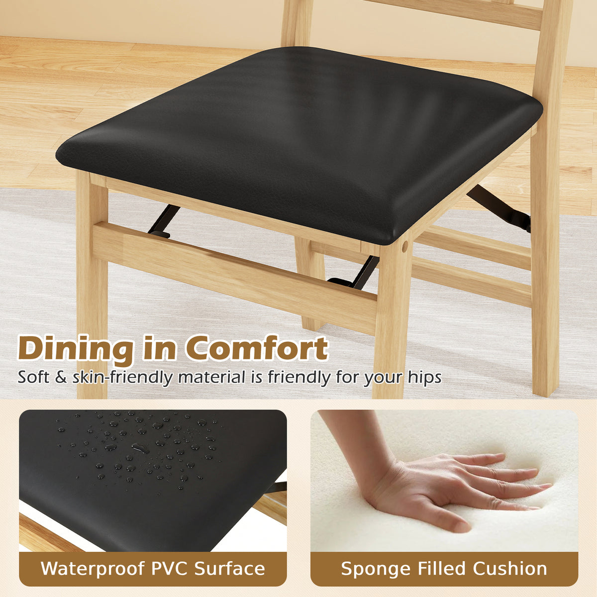 Set of 2 Folding Dining Chair with Rubber Wood Frame and Padded Seat-Black