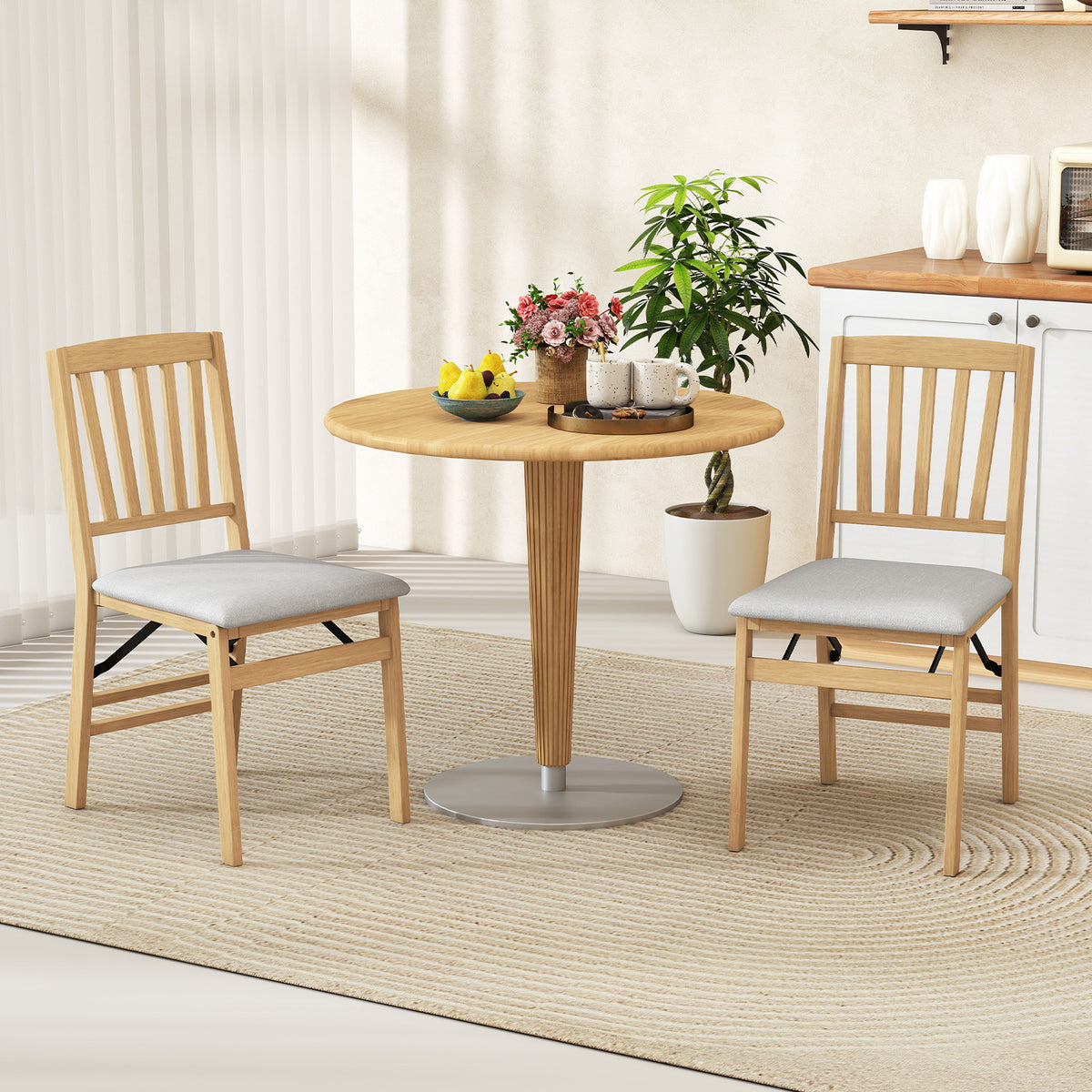 Set of 2 Folding Dining Chair with Rubber Wood Frame and Padded Seat-Light Grey
