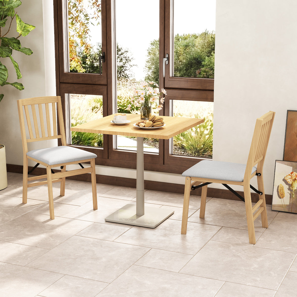Set of 2 Folding Dining Chair with Rubber Wood Frame and Padded Seat-Light Grey