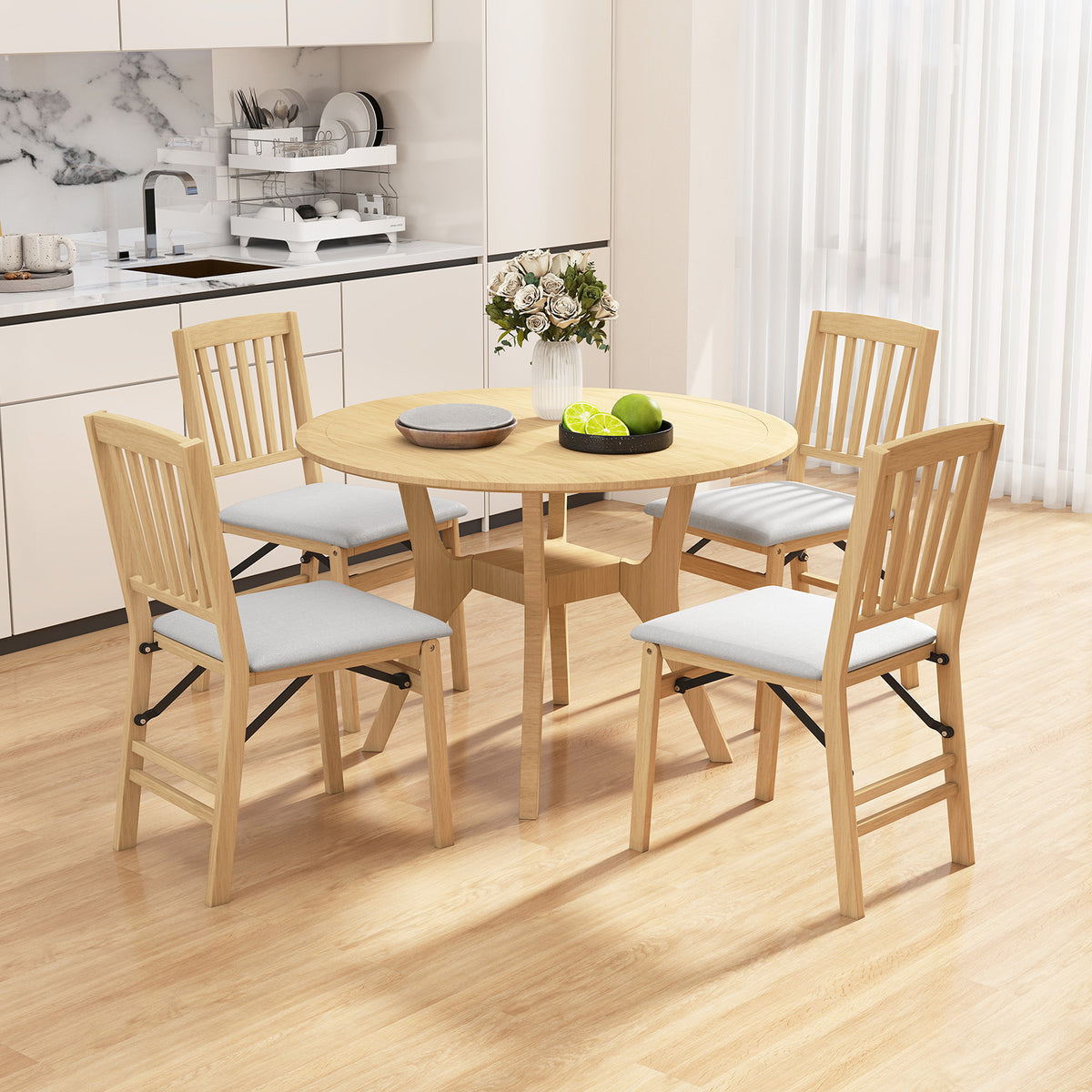 Set of 2 Folding Dining Chair with Rubber Wood Frame and Padded Seat-Light Grey