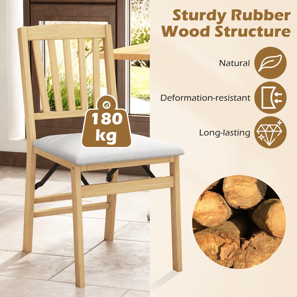 Set of 2 Folding Dining Chair with Rubber Wood Frame and Padded Seat-Light Grey