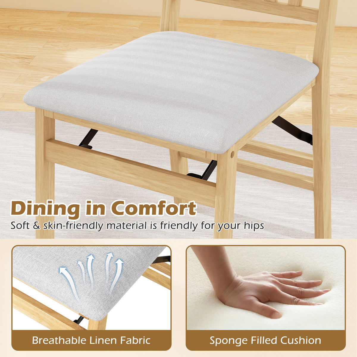 Set of 2 Folding Dining Chair with Rubber Wood Frame and Padded Seat-Light Grey