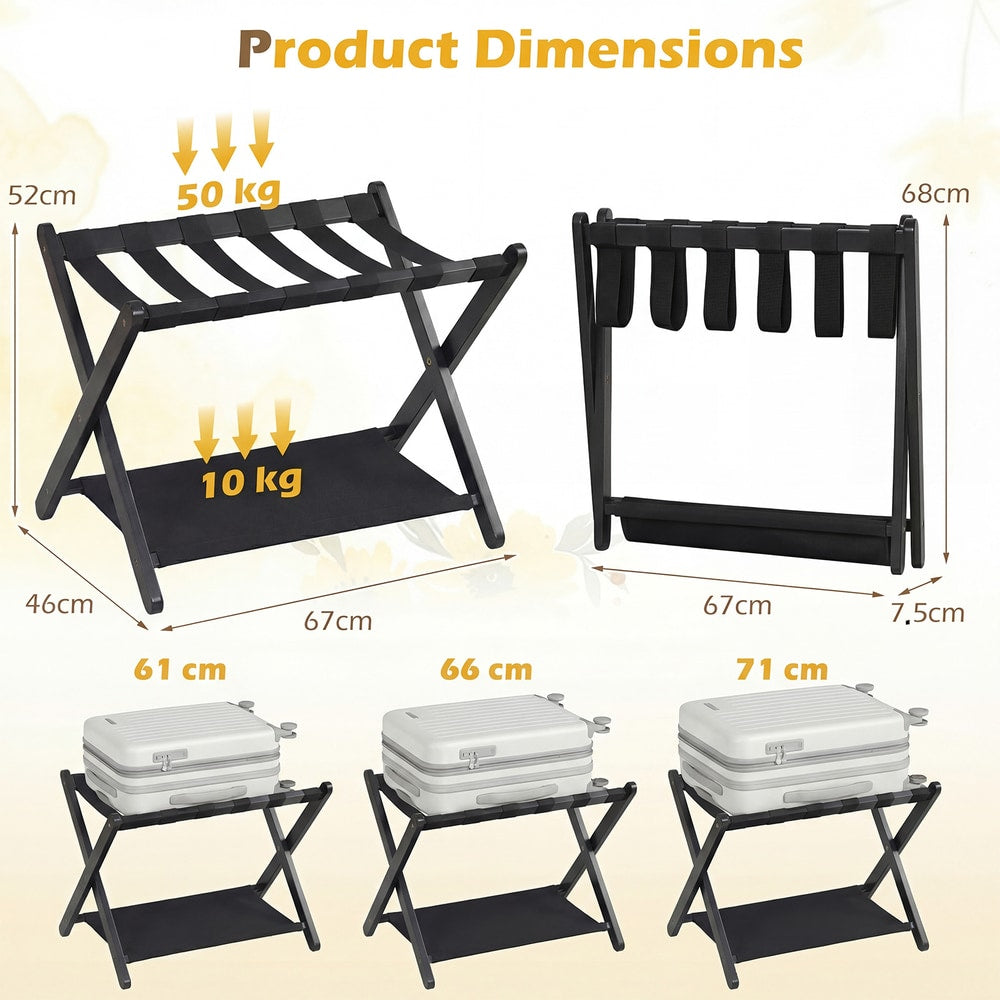 Product dimensions diagram for the black folding luggage racks