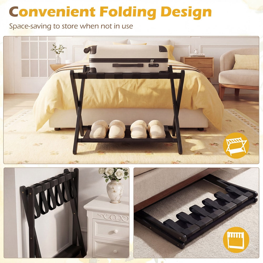 Folding luggage rack shown folded and in use, with close up of straps