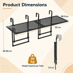 Set of 2 Hanging Balcony Table with 5-Level Adjustable Height for Round Square Railing-Black