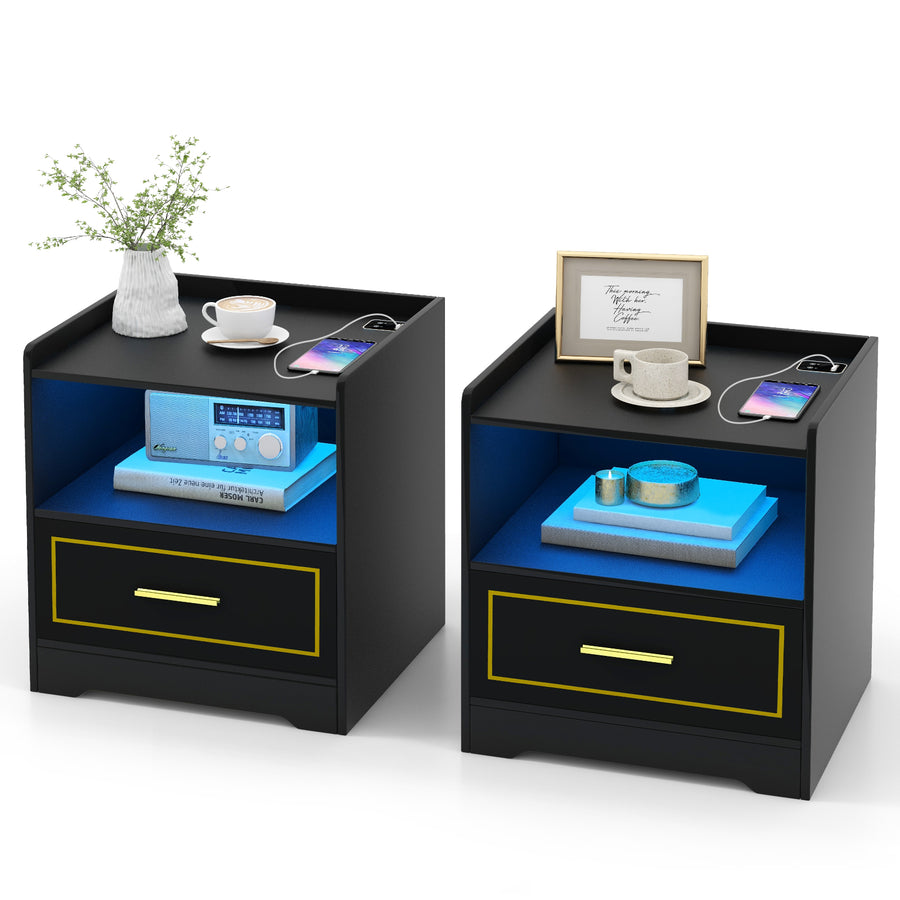 Set of 2 LED Nightstand with USB and Type-C Port-Black