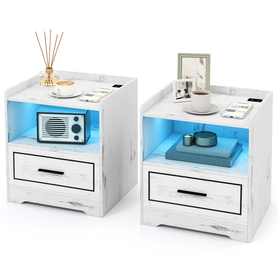 Set of 2 LED Nightstand with USB and Type-C Port-White