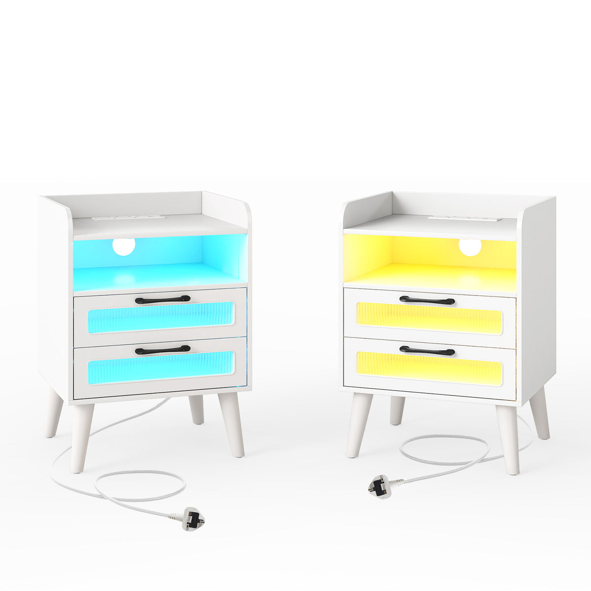 Two white bedside tables with coloured LED lighting, one blue and one yellow