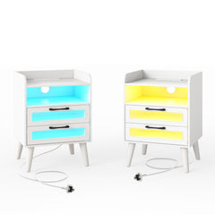 Two white bedside tables with coloured LED lighting, one blue and one yellow