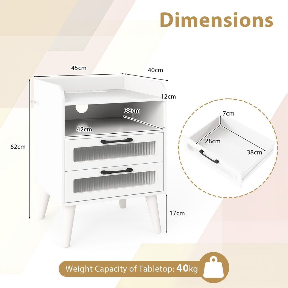 Dimensions diagram for the white bedside table showing height, width, and depth