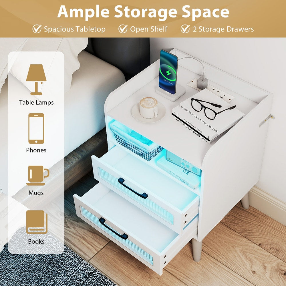 White bedside table with ample storage space, showing open drawers and top surface