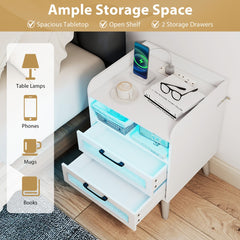 White bedside table with ample storage space, showing open drawers and top surface