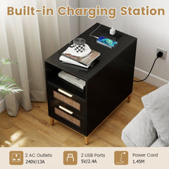 Built-in charging station on the black narrow end table with rattan drawers