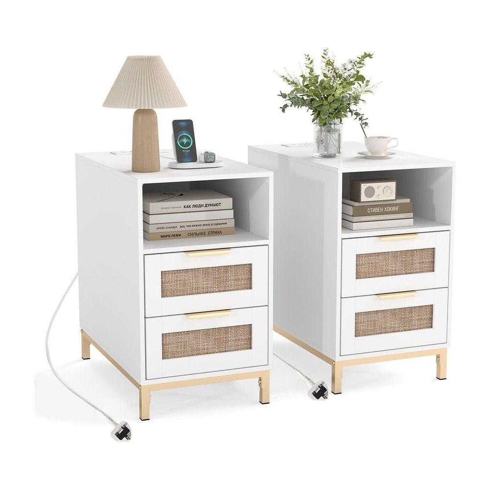 Set of 2 Narrow End Table with charging station and rattan drawers