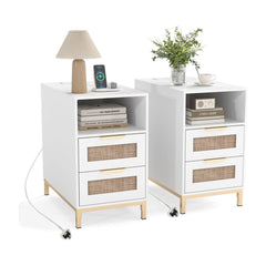 Set of 2 Narrow End Table with charging station and rattan drawers
