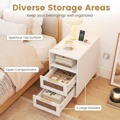 Storage areas of the white narrow end table with open compartment and drawers
