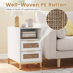 Close-up of the well-woven PE rattan drawer fronts on the white narrow end table