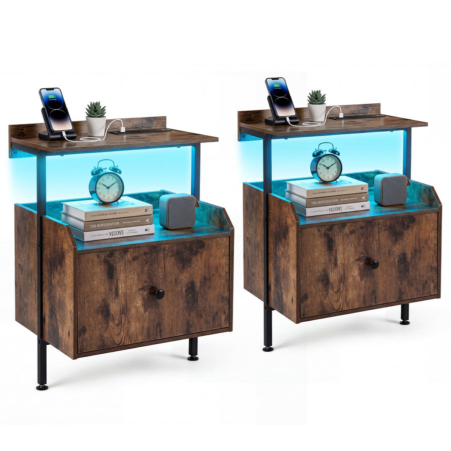Set of 2 Nightstand Bedside Table with Charging Station-Rustic Brown