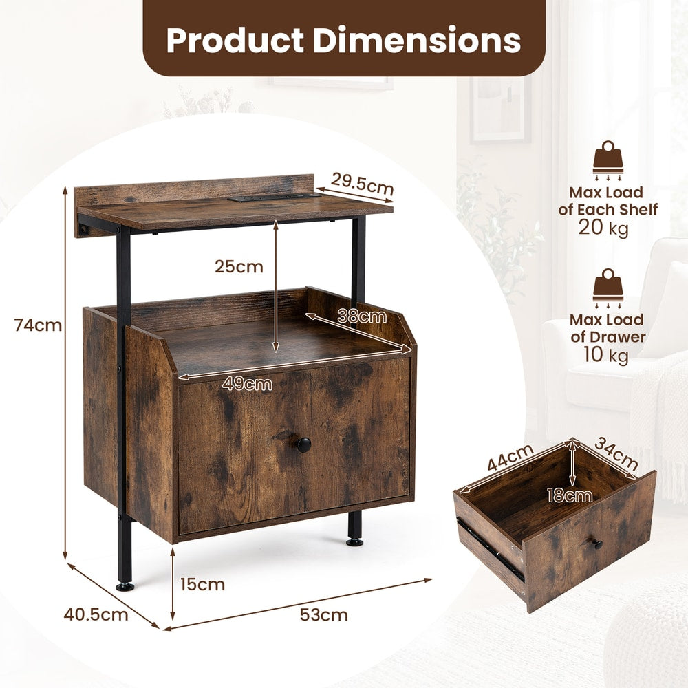 Product dimensions diagram for the rustic brown nightstand