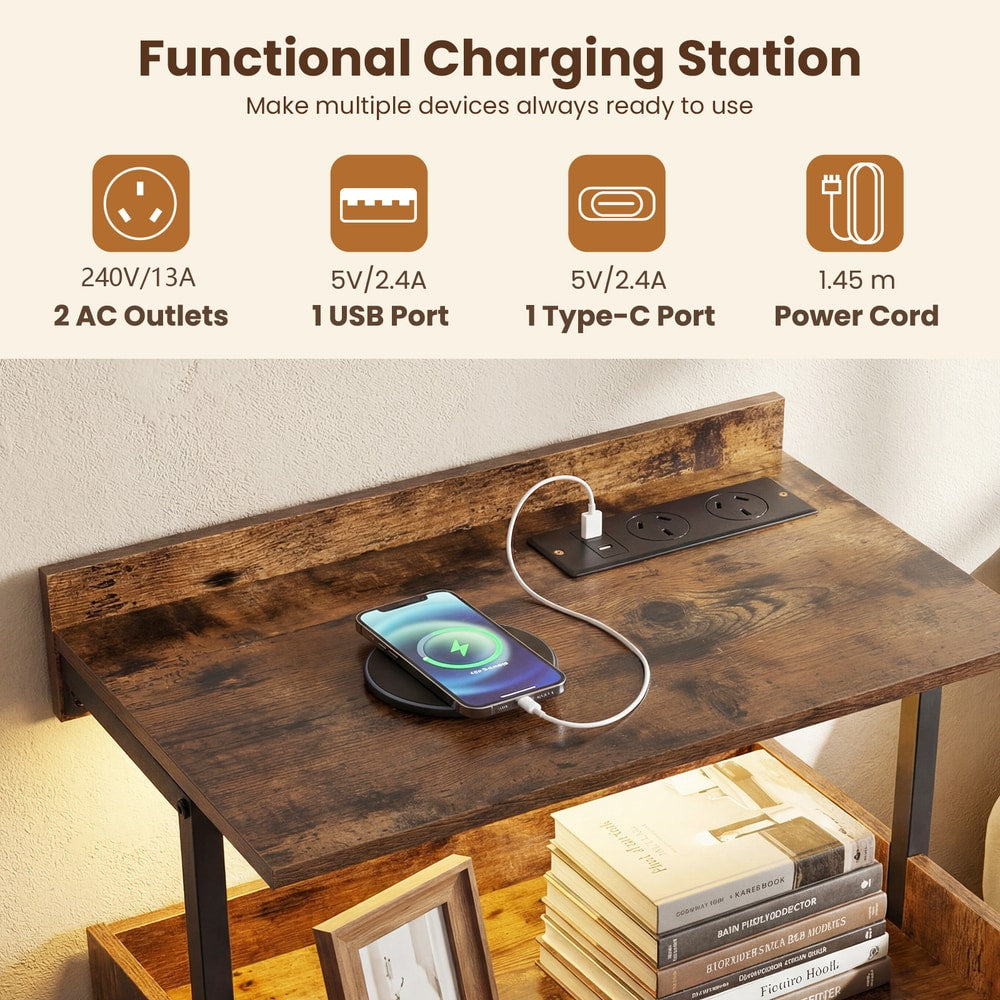 Set of 2 Nightstand Bedside Table with Charging Station in Rustic Brown