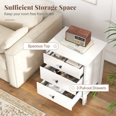 Set of 2 Nightstand with 3 Drawer for Bedroom Compact Storage Chest-White