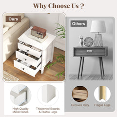 Set of 2 Nightstand with 3 Drawer for Bedroom Compact Storage Chest-White
