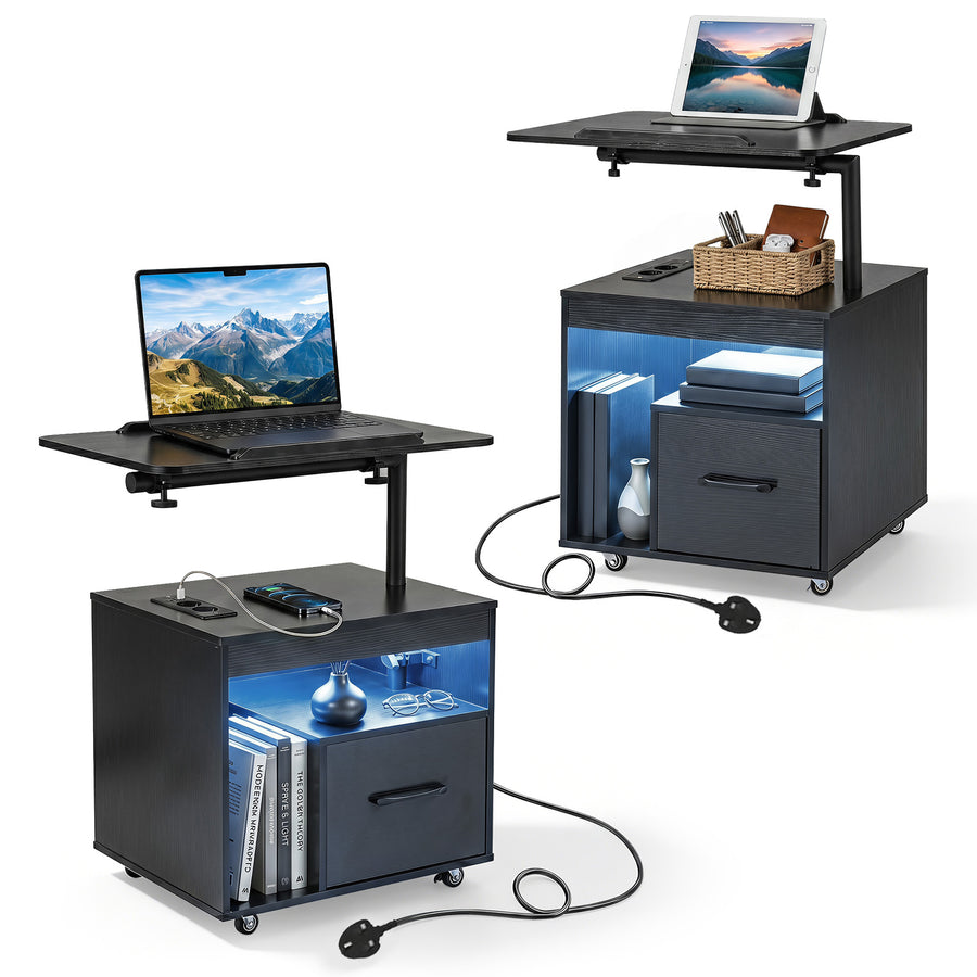 Set of 2 Nightstand with Charging Station and Rotatable Tabletop for Bedroom-Black