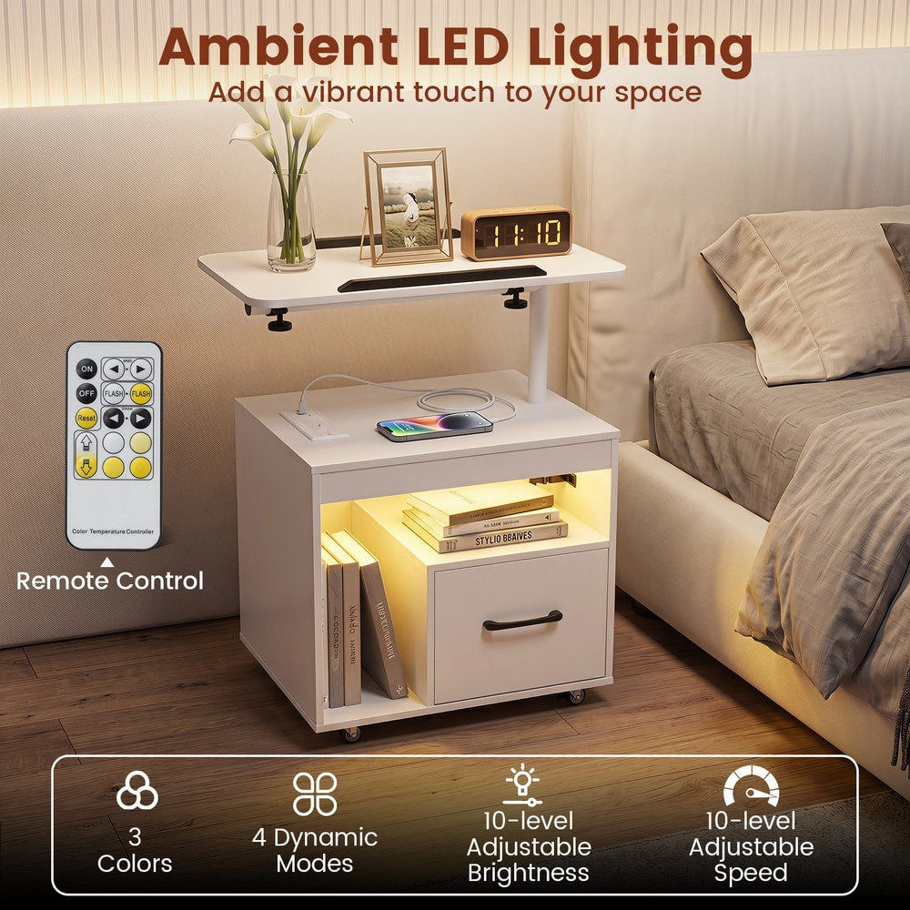 White nightstand with ambient LED lighting and remote control shown