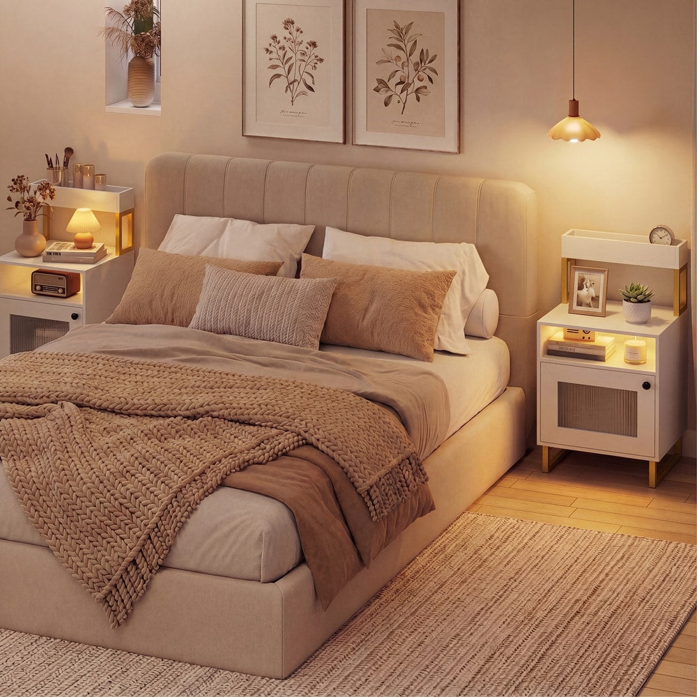 The bedside tables placed on either side of a double bed in a cosy bedroom setting